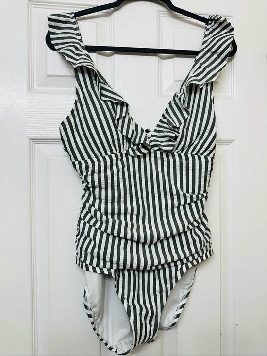 Ellen Tracy Other - Ellen Tracy Swimsuit Olive Green White Striped Ruffle V Neck One-Piece Size 12